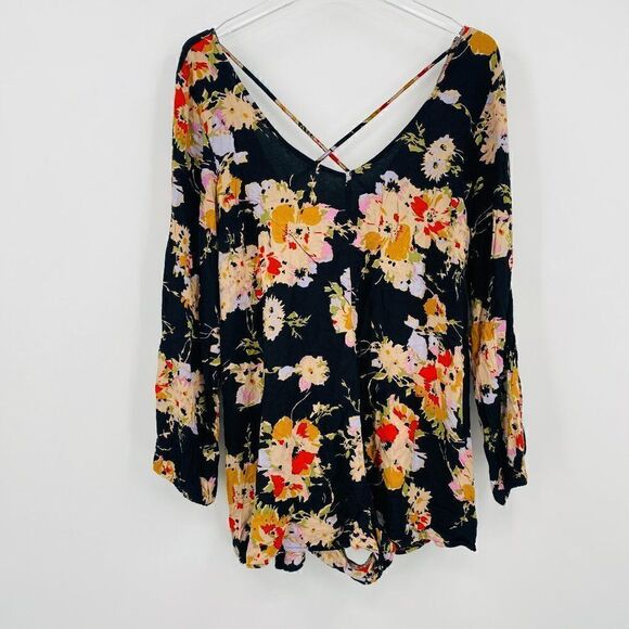 Billabong Size Large Black Secret Moons Long Sleeve Floral Boho Romper - Picture 3 of 12